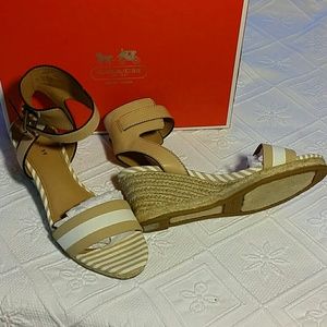 Coach New Ankle Strap Canvas Wedges Espadrilles Natural Beige Size 7.5
